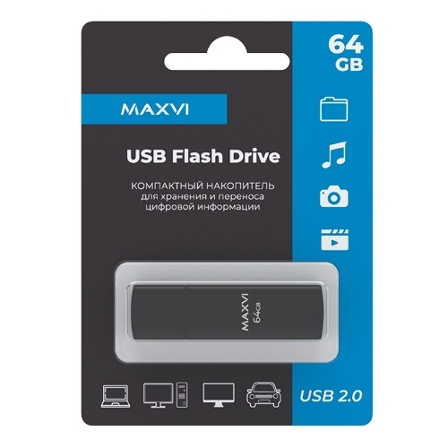 Флешка USB Maxvi MP2 64Gb USB 2.0 black, монолит с колпачком, ABS пластик + металл