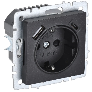 Розетка 1-местная IEK BRITE РЮш11-1-БрЧ (BR-R14-16-U22-018-K02) с заземлением, с защитными шторками, 16А, с USB A+C 18В т, черный