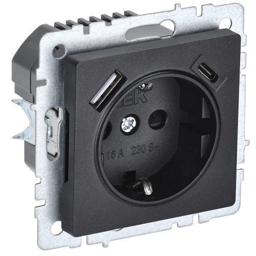 Розетка 1-местная IEK BRITE РЮш11-1-БрЧ (BR-R14-16-U22-018-K02) с заземлением, с защитными шторками, 16А, с USB A+C 18В т, черный