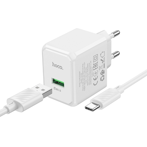 Зарядное устройство Hoco 18Вт, 3А, QC3.0, 1xUSB + кабель USB/Type-C, CS12A, белый, блистер