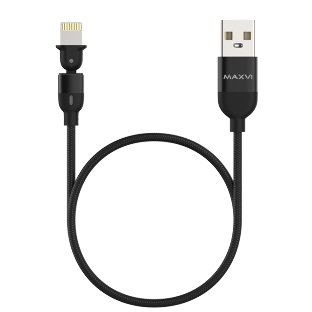 Кабель Maxvi MC-19L black, USB-A - Lightning, 2.4A, LED ток макс. нагрузки 2.4А, макс. напряжение 5V; стандарт USB 2.0; длина кабеля 1.5м, нейлоновая оплетка, металлические корпуса разъемов,LED подсветка, цвет: черный