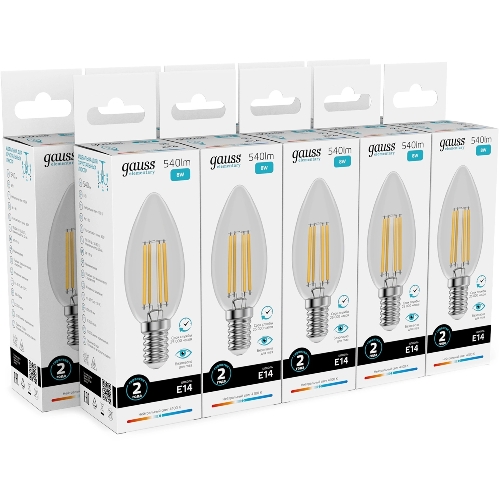 Лампа светодиодная филаментная Gauss Filament 8Вт цок.: E14 свеча св. свеч. бел. нейт. (упак.: 10 шт)