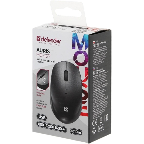 Мышь беспроводная Defender Auris MB-027 черный, 1600 dpi, радиоканал, USB, кнопки - 4