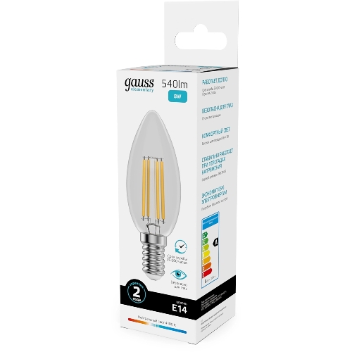 Лампа светодиодная филаментная Gauss Filament 8Вт цок.: E14 свеча св. свеч. бел. нейт. (упак.: 10 шт)