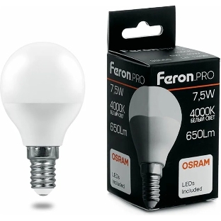 Лампа светодиодная Feron PRO LB-1407 (38072) 7.5Вт Е14 белый матовый шар