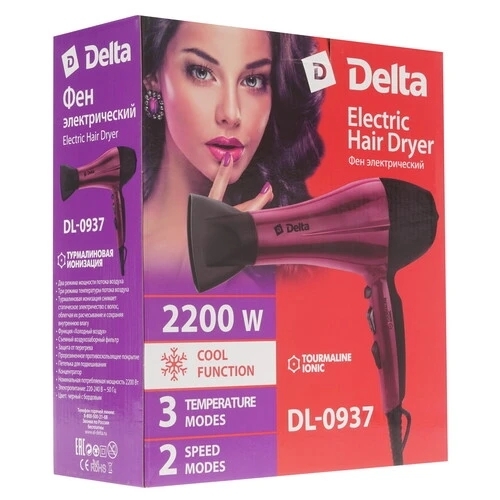 Фен Delta DL-0937 черный/бордовый, 2000 Вт, ионизация
