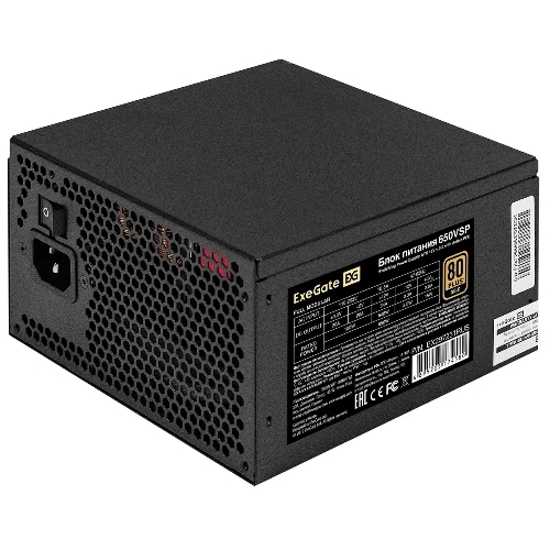 Блок питания 650W ExeGate 80 PLUS® GOLD 650VSP FС (ATX3.0, APFC, КПД 90% (80 PLUS Gold), 120мм fan, 24pin, 2x(4+4)pin, PCIE5.0/12VHPWR, 2xPCI-E, 6xSATA, 3xIDE, 1xFDD, Full Cable Management, black, Color box)