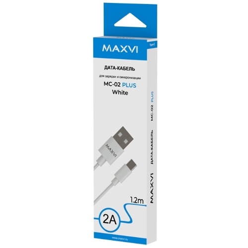Кабель Maxvi MC-02 plus white USB-A - Type-C, 2A ток макс. нагрузки 2А, макс. напряжение 5V, длина кабеля 1.2м, материал PVC, белый