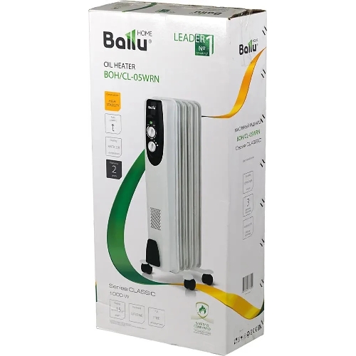 Обогреватель масляный Ballu Classic BOH/CL-05WRN (5 секций), белый, 1000 Вт, 15 м2, термостат