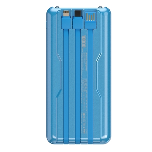 Портативный аккумулятор Maxvi PB10-11 10000 мАч blue 3A, встроенные кабели USB A/Type-C/Lightning
