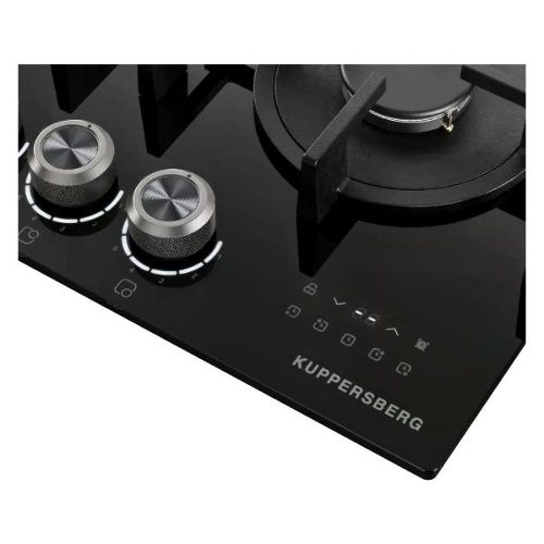 Варочная поверхность Kuppersberg FG 68 B газ, High-Tech, 60 см, автоматический электроподжиг, газ-контроль, форсунки под сжиженый газ, механическое/сенсорное управление, таймер, блокировка панели управления, подсветка панели управления, SABAF конфорки, чугунные решетки, цвет черный, цвет фурнитуры черно-серебристый