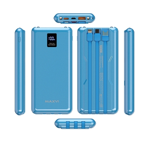 Портативный аккумулятор Maxvi PB10-11 10000 мАч blue 3A, встроенные кабели USB A/Type-C/Lightning