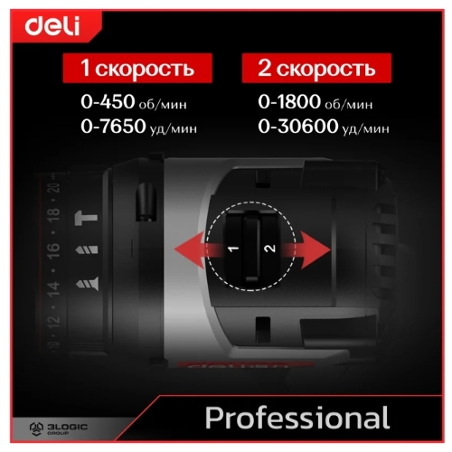 Дрель-шуруповерт Deli DE-CZ20-1D2, 20 В, 2 Ач, 70 Нм, бесщеточный, ударный
