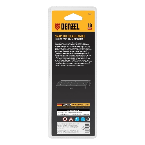 Нож Denzel 18 мм, сменное лезвие, SK4, корпус из цинкового сплава + TPR, торцевой зажим