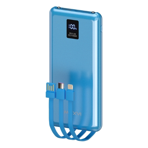 Портативный аккумулятор Maxvi PB10-11 10000 мАч blue 3A, встроенные кабели USB A/Type-C/Lightning