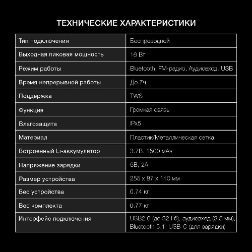 Колонка портативная Hyundai H-PS1020 черный 16W 2.0 BT 10м 1500mAh