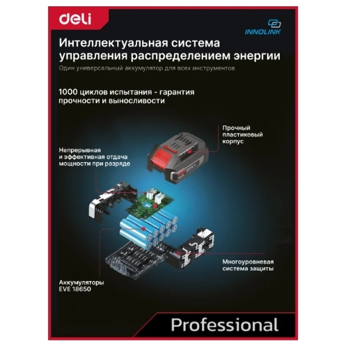Дрель-шуруповерт Deli DE-CZ20-1D2, 20 В, 2 Ач, 70 Нм, бесщеточный, ударный