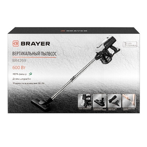 Пылесос вертикальный Brayer BR4269 черный, питание от сети, 185 Вт, уборка сухая, пылесборник 0,8 л