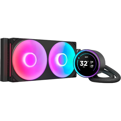 Система жидкостного охлаждения для ПК/Water Cooling System NZXT Kraken Elite 280 RGb (250W, 280мм, LED temp., Black/Fans: 2x140мм, 98.61CFM, 34.5dBA, 2000RPM/Pump height 65мм, 2800RPM, Rad thickness 27мм/S: 1851, 1700, 1200, 115X, AM5, AM4)
