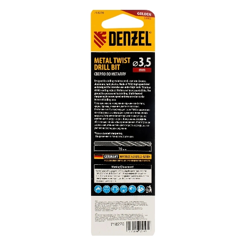 Сверло спиральное по металлу Denzel 3,5 x 70мм, Р6М5, Golden Tip, многогранная заточка, 2 шт.
