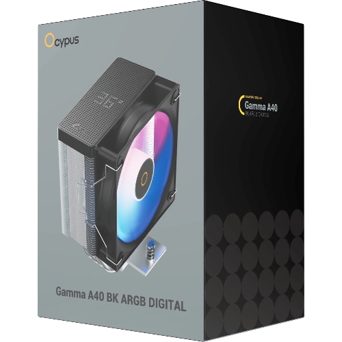 Кулер для процессора Ocypus Gamma A40 BK ARGB Digital, 100мм ARGB FAN, Top Display Panel, 4 HEAT PIPES, 4-PIN PWM, 600-2400 RPM, 29.5DBA, HYDRO BEARING, LGA115X/1200/1700/18XX, AM4/AM5