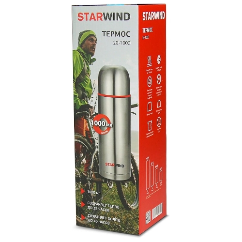 Термос Starwind 20-1000 1 л, серебристый/красный, картонная коробка