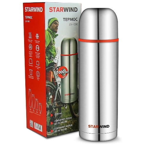 Термос Starwind 20-1000 1 л, серебристый/красный, картонная коробка