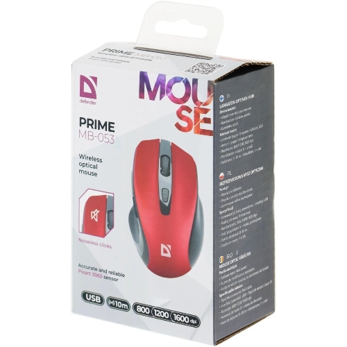 Мышь беспроводная Defender Prime MB-053 красный, 1600 dpi, радиоканал, USB, кнопки - 6