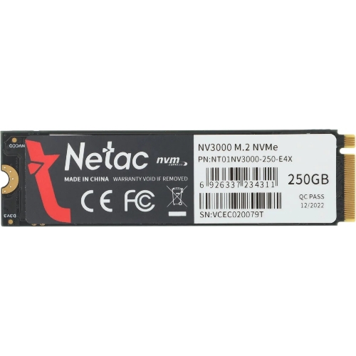 Накопитель SSD Netac NV3000, 250Gb, PCIe 3.0 x4, M.2 2280, NVMe, R/W 3000/1400