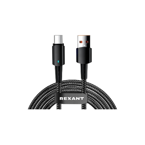 Кабель Rexant 18-7064 USB-A – Type-C, 6А, 66Вт, 1м, в черной нейлоновой оплетке, со световой индикацией