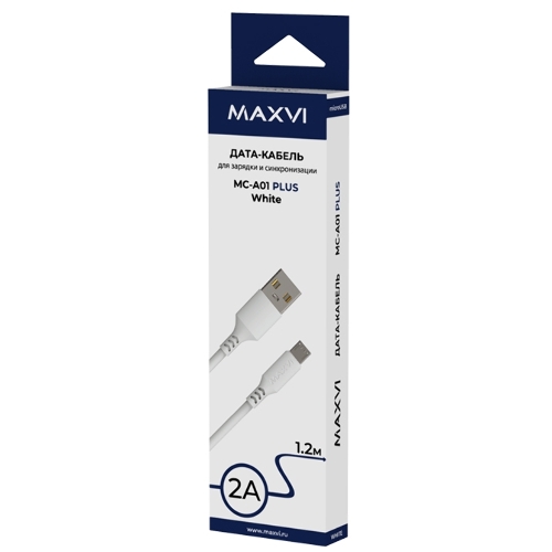Кабель Maxvi MC-A01 plus white USB-A - microUSB, 2A ток макс. нагрузки 2А, макс. напряжение 5V; стандарт USB 2.0; длина 1.2м, материал PVC, белый