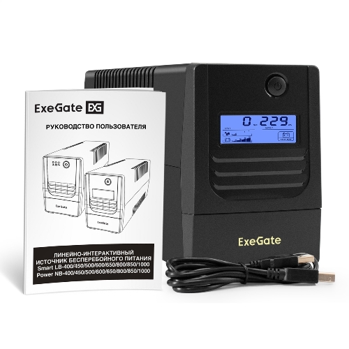 Источник бесперебойного питания ExeGate Smart LB-850.LCD.AVR.2SH.USB (850VA/510W, LCD, AVR, 2*Schuko, USB, батарея 12V 9Ah, черный)