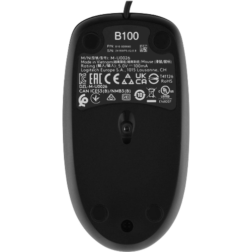 Мышь проводная Logitech B100 черный, 1000 dpi, USB, кнопки - 3
