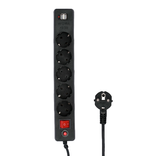 Сетевой фильтр Гарнизон 5 р, 10А, 2xUSB, 1.8 м, ур.защиты 4, черный, пакет