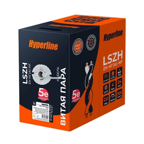 Кабель информационный Hyperline UUTP4R-C5E-S24-IN-LSZH-GY-305 cat.5e UTP 4 пары 24AWG LSZH внутренний 305м серый