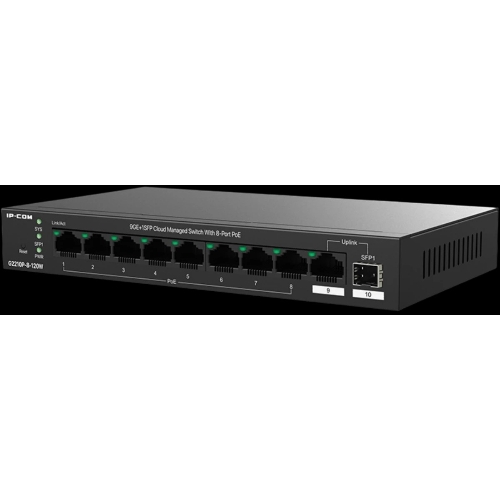 Коммутатор управляемый IP-COM G2210P-8-120W PoE, 10 портов, 9x1 Гбит/с, SFP 1x1 Гбит/с, PoE 8x30Вт (до 110 Вт)