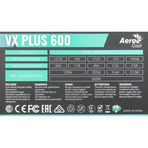 Блок питания Aerocool/Formula VX-600 PLUS, 600Вт 120мм, черный