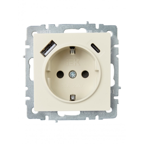 Розетка 1-местная IEK BRITE РЮш11-1-БрКр (BR-R14-16-U22-018-K10) с заземлением, с защитными шторками, 16А, с USB A+C 18 Вт, бежевый