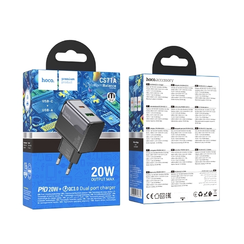 Зарядное устройство Hoco 20Вт, 3А, QC3.0/PD, 1xUSB, 1xType-C, CS71A, черный, коробка