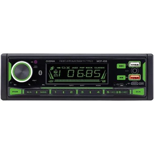 Автомагнитола Digma MCP-450, 1 DIN, Bluetooth, USB Type-A, AUX, пульт ДУ