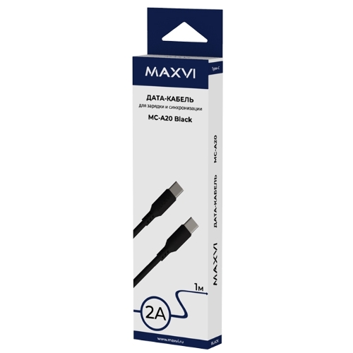 Кабель Maxvi MC-A20 black Type-C - Type-C, 2A ток макс. нагрузки 2А, макс. напряжение 5V, длина кабеля 1м, материал PVC, черный