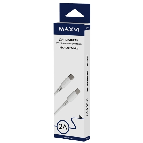 Кабель Maxvi MC-A20 white Type-C - Type-C, 2A ток макс. нагрузки 2А, макс. напряжение 5V, длина кабеля 1м, материал PVC, белый