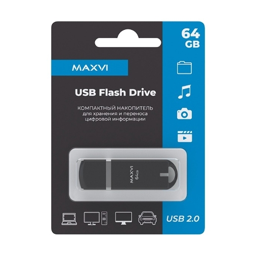 Флешка USB R/W Maxvi P3 64Gb USB 2.0 black, монолит с колпачком, ABS пластик