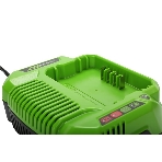 Зарядное устройство GreenWorks 60V (2932007)"Зарядное устройство Greenworks (модель) - используется для заряда аккумуляторных батарей Гринворкс 60 вольт на 2 А/ч,4 А/ч и 6 А/ч.Время зарядки данных аккумуляторов составляет: 2 А/ч = 60 минут; 4 А/ч = 120 минут.Зарядка оснащается системой автоматического отключения при достижении максимального заряда батареи для сохранения рабочих характеристик Li-Ion, а также специальным чипом, который защищает батарею от перегрева. Эти современные системы интеллектуального заряда обеспечивают сохранность дорогостоящего лития от преждевременной потери своих свойств и обеспечивают максимально возможный срок службы батареи. Для устойчивости зарядка имеет прорезиненные ножки. Для крепления на стену есть специальная проушина. На корпусе зарядки присутствую индикаторы заряда. Питание зарядного устройства осуществляется от сети 230 вольт переменного тока 50-60 Гц, 1,9 Ампер.Преимущества модели: Совместимость с аккумуляторами Greenworks 60V; Чип для защиты от перегрева