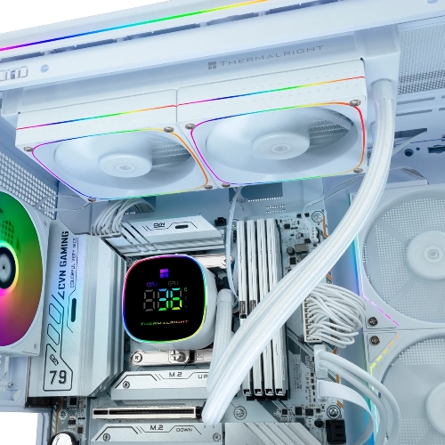 Система жидкостного охлаждения Thermalright Frozen Horizon 240 Digital (240мм, LED temp., White, ARGB/Fans: 2x120мм, 68.9CFM, 28.2dBA, 2000RPM/Pump height 53.2мм, Rad thickness 27мм/S: 1700, 1200, 1851, 115X, AM5, AM4)