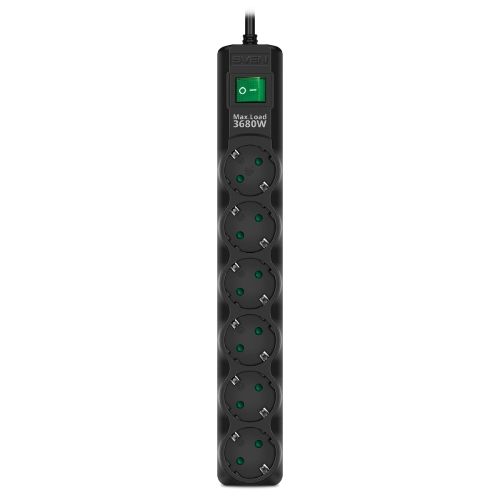 Сетевой фильтр SVEN SF-06E-16 3,0 м (6 розеток с защитными шторками,16А) черный, цветная коробка