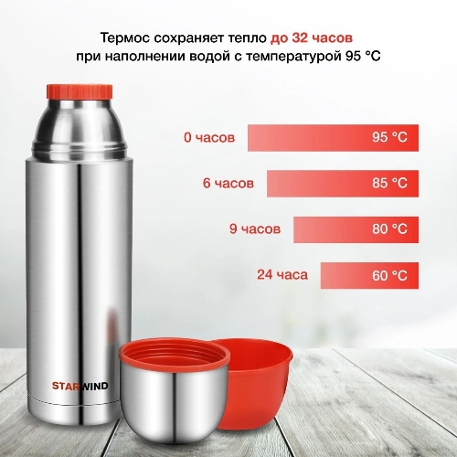 Термос Starwind 20-1200 1.2 л, серебристый/красный, картонная коробка