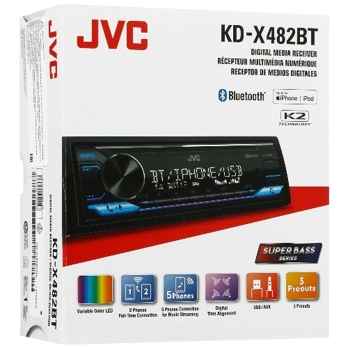 Автомагнитола JVC KD-X482BT, 1 DIN, Bluetooth, USB Type-A, AUX, съёмная панель