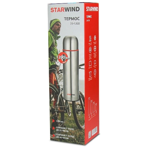 Термос Starwind 20-1200 1.2 л, серебристый/красный, картонная коробка