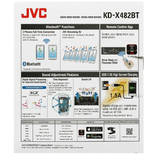 Автомагнитола JVC KD-X482BT, 1 DIN, Bluetooth, USB Type-A, AUX, съёмная панель